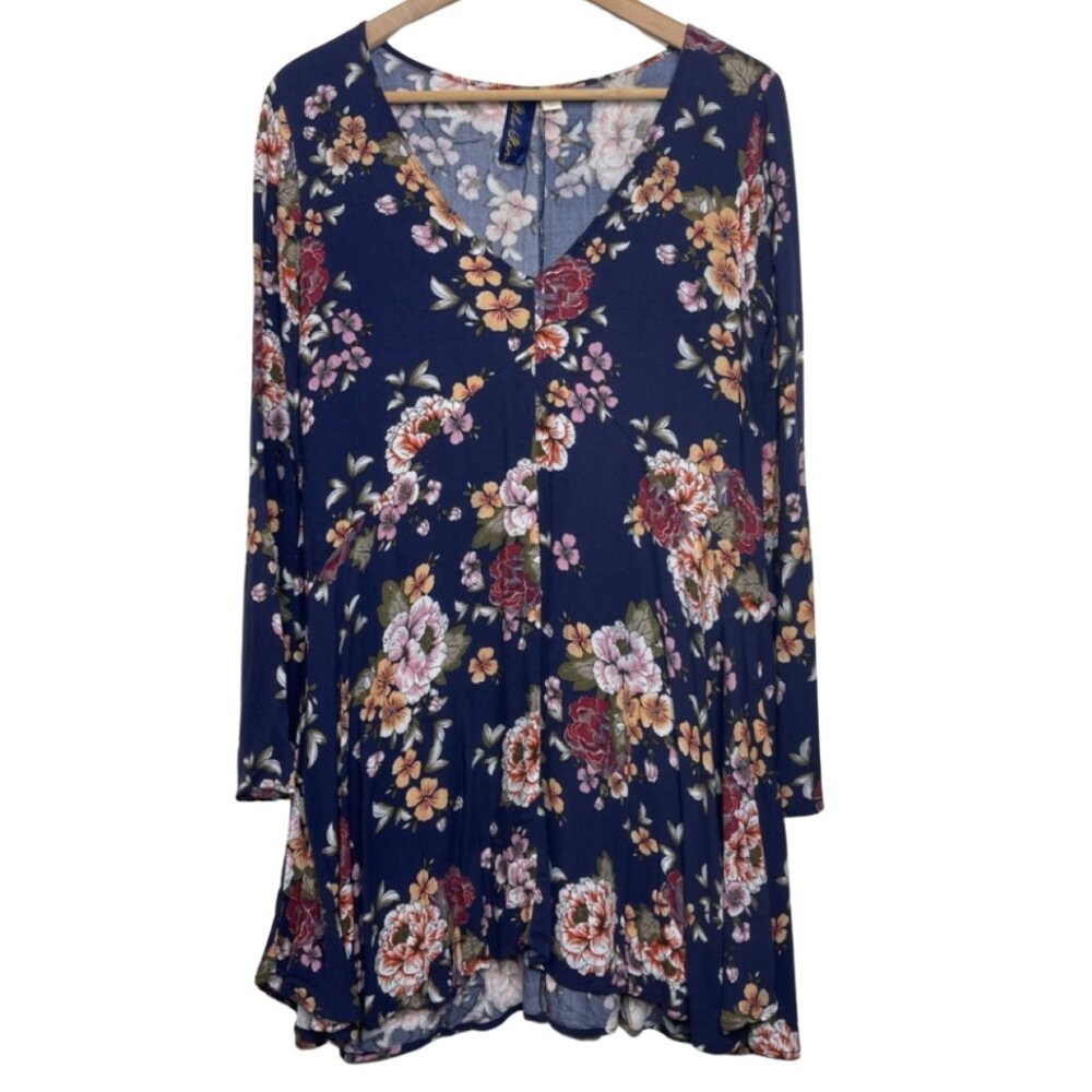 BLUE RAIN | Women's Navy Blue V-Neck Long Sleeve Floral Mini Dress | Size M